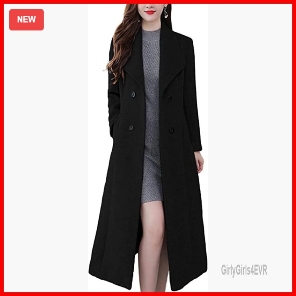 Slim Fit Wool Blend Trench Coat Shawl Collar Double Breasted Maxi Length